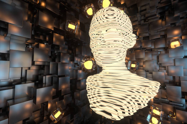 The head of the virtual robot with concepts of artificial intelligence, 3d rendering. Computer digital drawing.